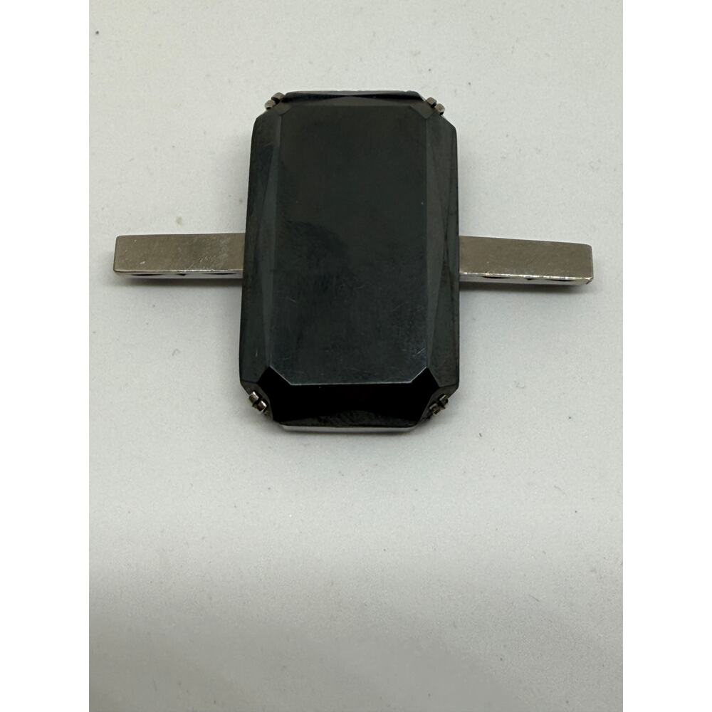 VINTAGE Black Glass, Statement Brooch Silver Tone Geometric Art Deco Jewelry Pin